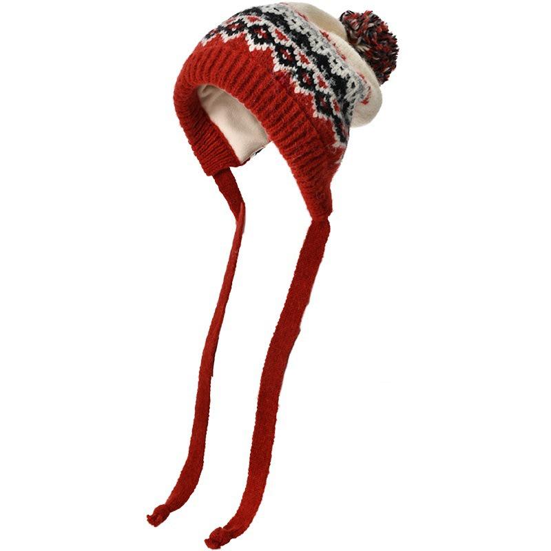 Women's Fair Isle Pompom Knitted Hat - Retro Jacquard Wool with Ear Protection for Winter Warmth