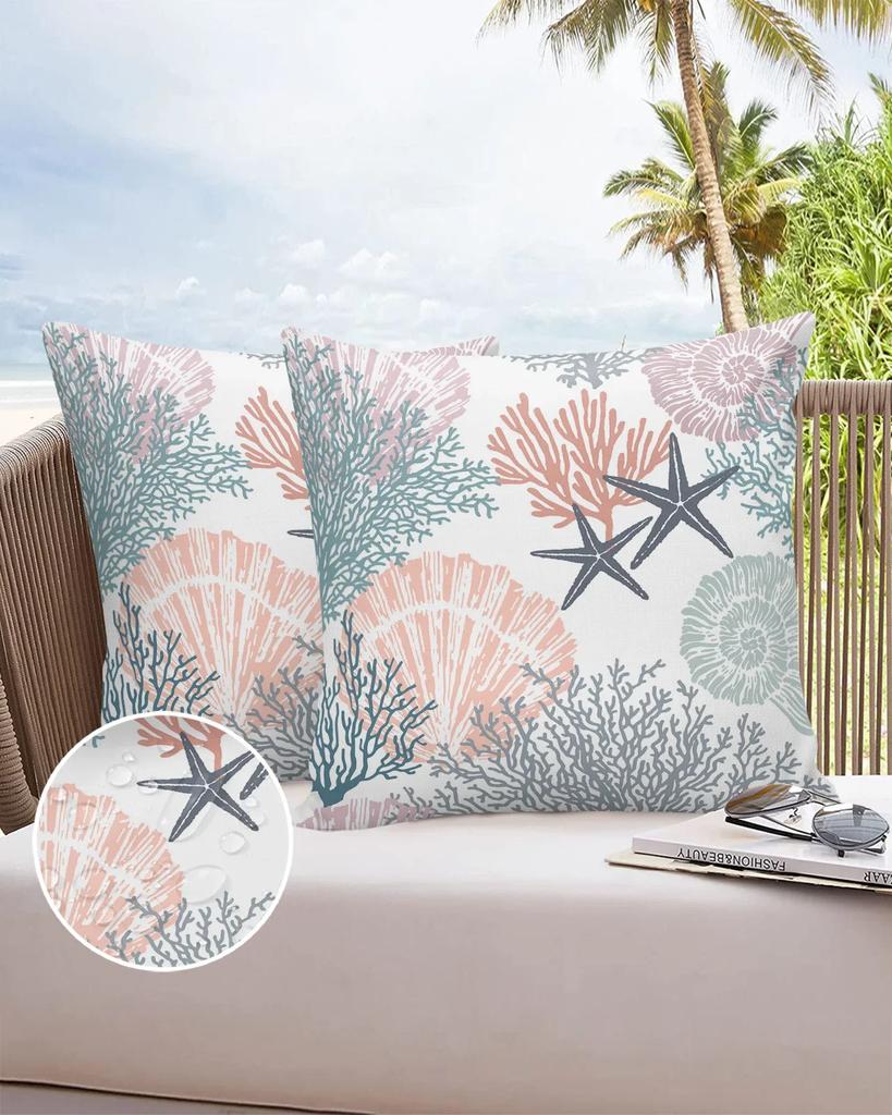 Marine Coral Shell Starfish 2/4PCS Outdoor Garden Chair Waterproof Cushion Cover Modern Home Decor 45/50/60cm Pillow Case