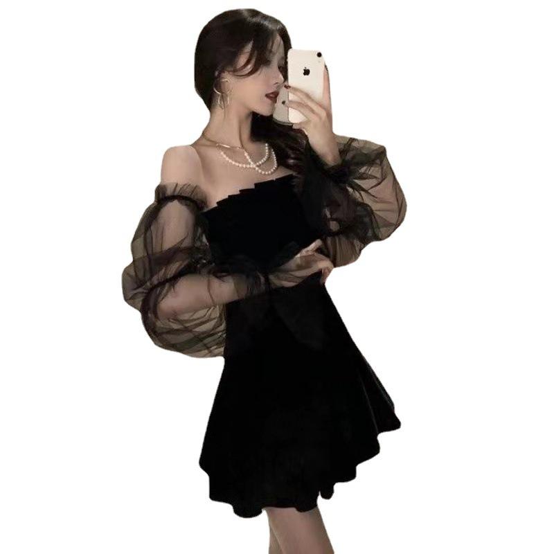 Women's Black Velvet Mini Dress Sheer Mesh Long Sleeve Square Neck A-Line Flowy Ruffle Sleeve Elegant Party Cocktail Dress