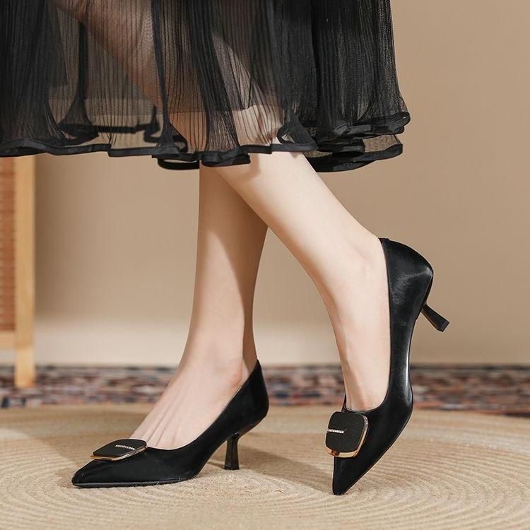 Metal Square Buckle Black High Heels Women's Slim Heels Professional Shoes Pointed Single Shoes