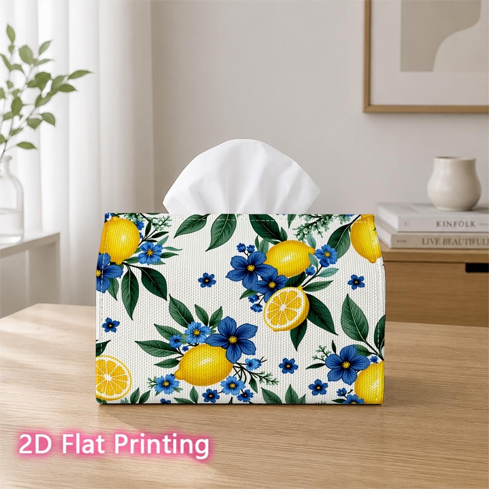 1pc 2D Flat Printed 17.78X10.92X12.95cm Tissue Box Lemon Citrus Fruit Blue Floral Botanical Print Decorative Napkin Storage for Living Room And Bedsid