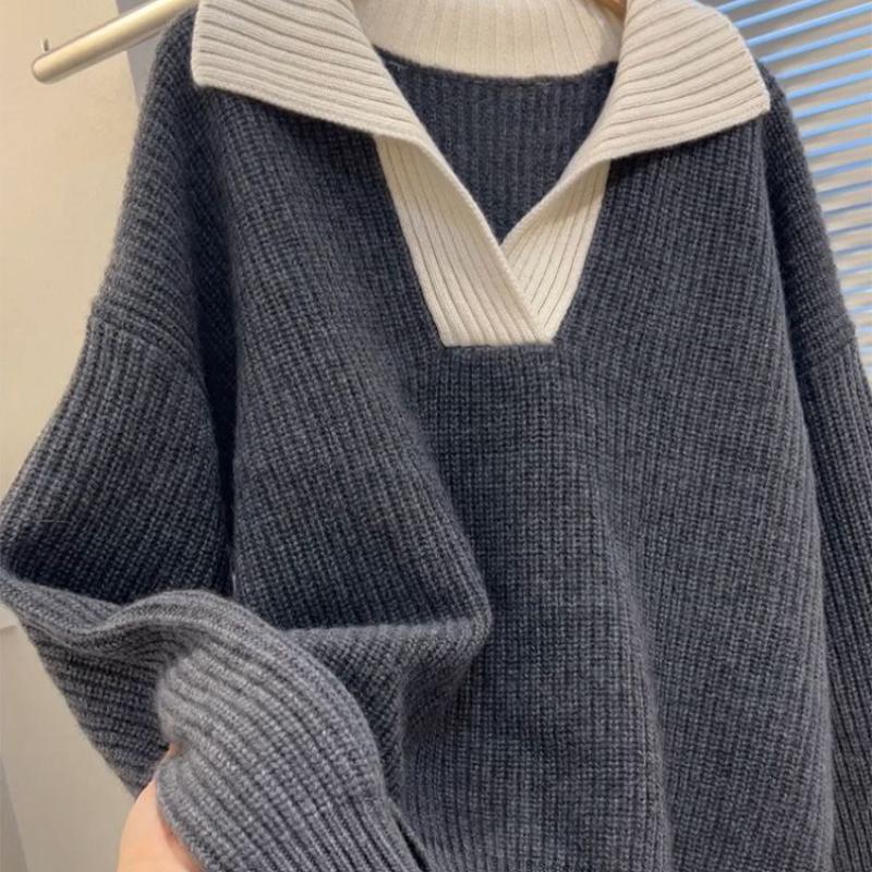 Winter Thick Contrasting Polo Collar Lazy Style Sweater Knit Top for Women