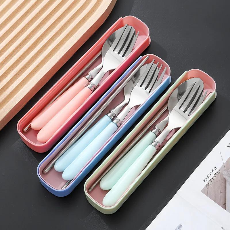 4pcs/set Stainless Steel Portable Fork Spoon Chopsticks Tableware with Storage Box Student Office Worker Cutlery Dinnerware Set