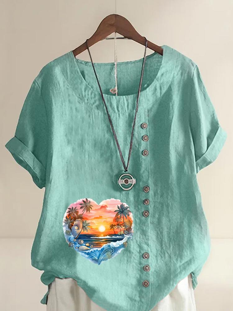 Women's Fashion Heart Shaped Scenery Print Round Neck Short Sleeve T-shirt Casual Cotton Linen Graphic Shirt Leisure Loose Summer Blouse Tops