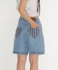 RONRON Check Heart Pocket Denim Shorts Pants Light Blue