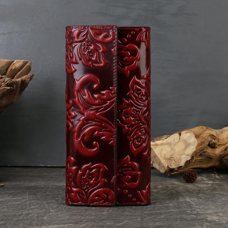 

Chinese Embossed Genuine Leather Wallet for Women, Long Style, 30% Off, Large Capacity Handbag бордовий