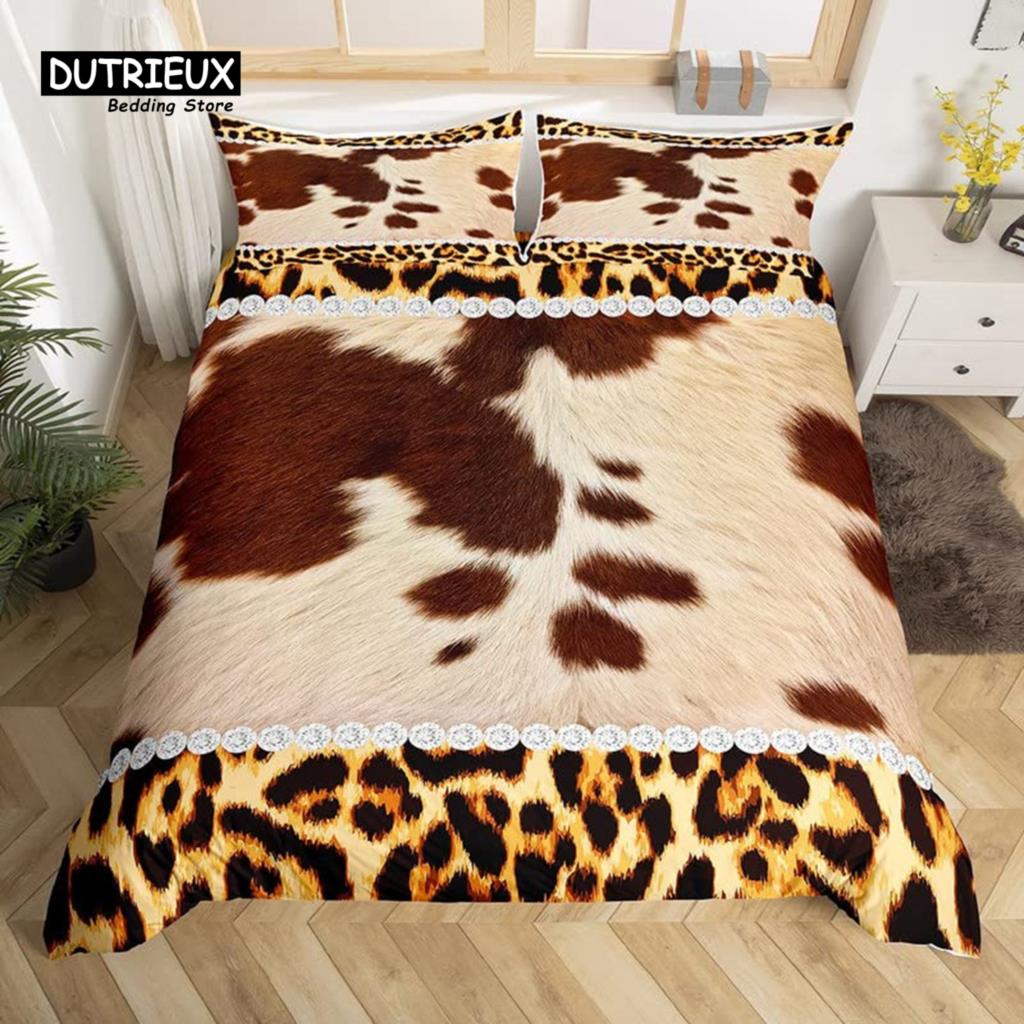 Cowhide Sunflower Duvet Cover Western Farm Animal Skin Bedding Set Microfiber Cow Fur Comforter Cover Twin For Boys Girls Room