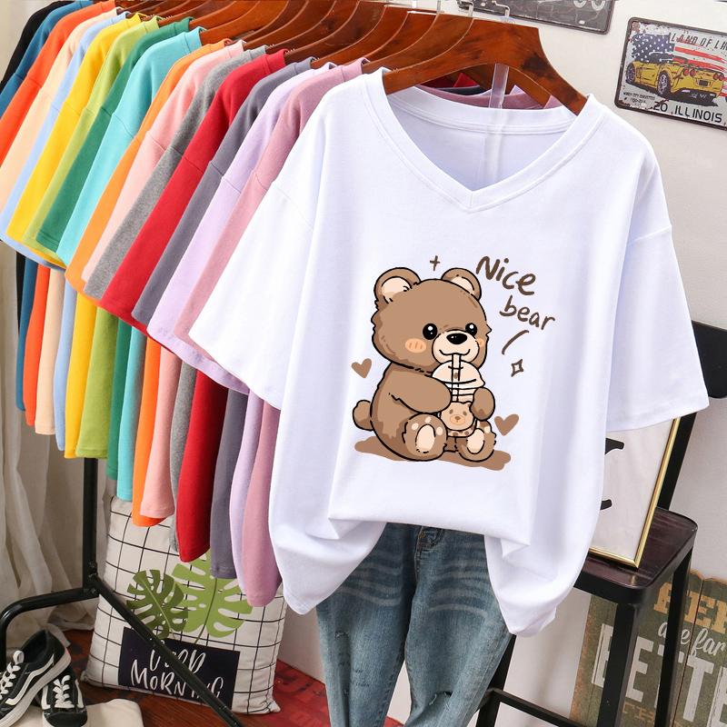 

Short-sleeved T-shirt for Women, Large Size, Loose and Slimming, Printed V-neck Top S білий