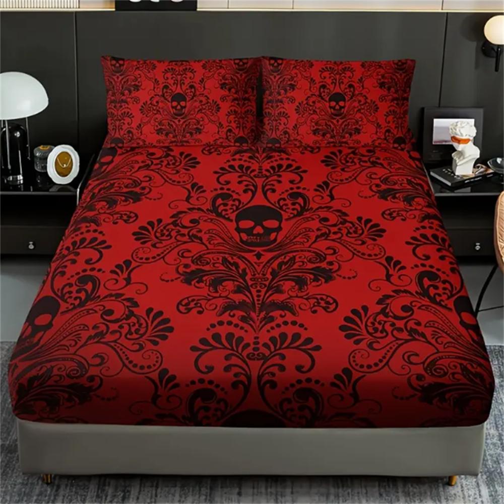 Skull Floral Design 3-Piece Bed Sheet Set - 100% Polyester, Digital Print, Breathable All-Season Fitted Sheet and Pillowcase Set