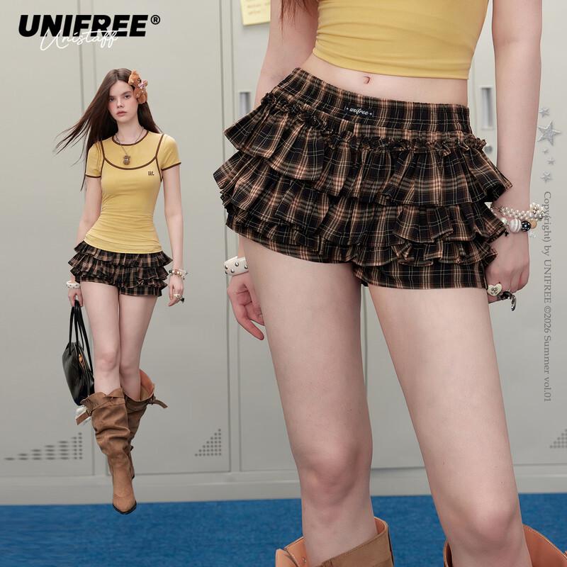 UNIFREE Plaid High-Waisted Shorts S