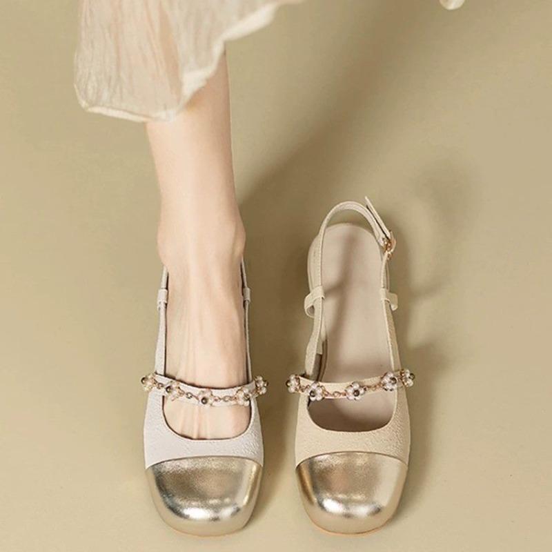 Mode Superweiche Französische Süße Mary Jane Kopfbedeckung Sandalen Damen Sommer Neu Kleiner Duft Stil Perlenkette Flacher Boden Einzelne Schuhe