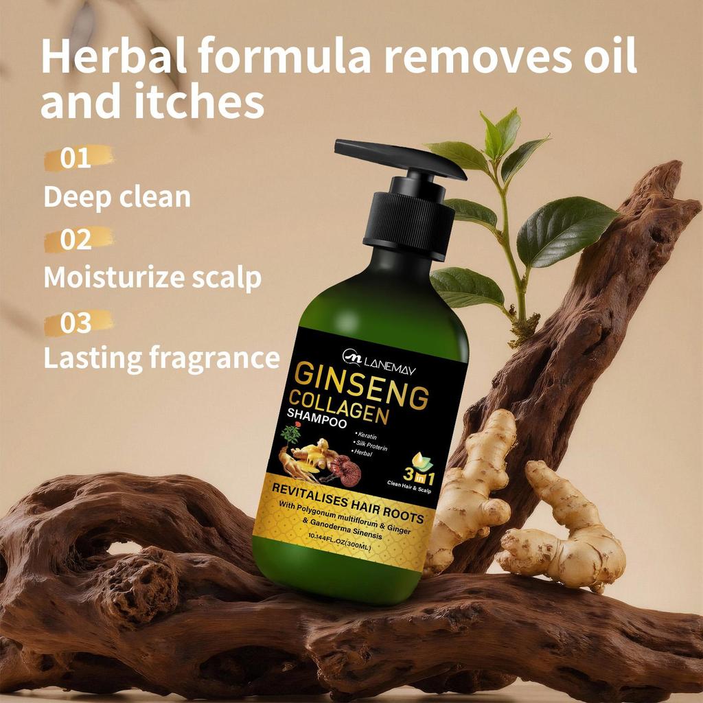 Ginseng Collagen Hair Shampoo-Deep Clean-Moisturize Scalp-Lasting Fragrance-Suitable For All Hair Types, 300ml