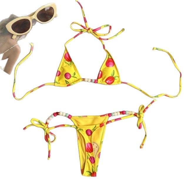Three-point printed bikini strap-up neck sexy thong swimsuit female split bikini