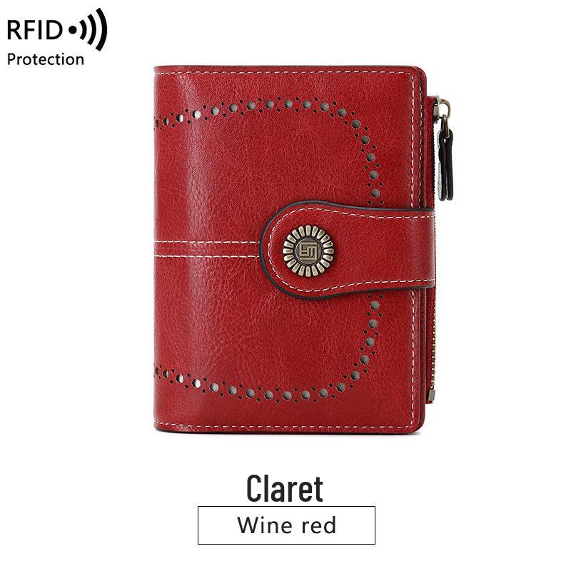 RFID Antimagnetische Damen Geldbörse: Kurzer Stil, Reißverschluss- und Druckknopfverschluss, Geldbörse mit großem Fassungsvermögen und Lochmuster