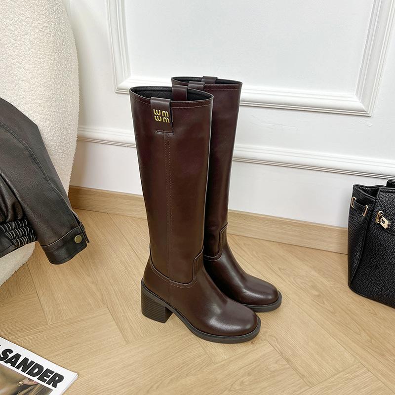 Cowhide version~ miu series leather thick-soled but knee boots women's simple and thin long boots thick heel high knight boots