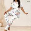 Women Plus Size Two Piece Set Round Neck Short Sleeve Floral Printed Longline Top Fitted Pants Light Green