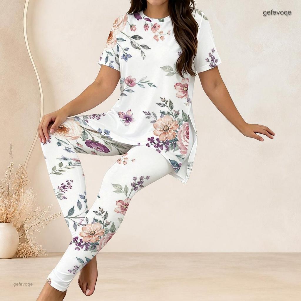 Women Plus Size Two Piece Set Round Neck Short Sleeve Floral Printed Longline Top Fitted Pants Light Green