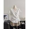 Cotton Large Size Bat Sleeves Tied At the Waist Design V-neck Short-sleeved T-shirt for Women Summer Korean Tops