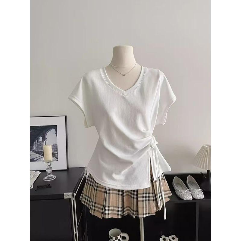 Cotton Large Size Bat Sleeves Tied At the Waist Design V-neck Short-sleeved T-shirt for Women Summer Korean Tops
