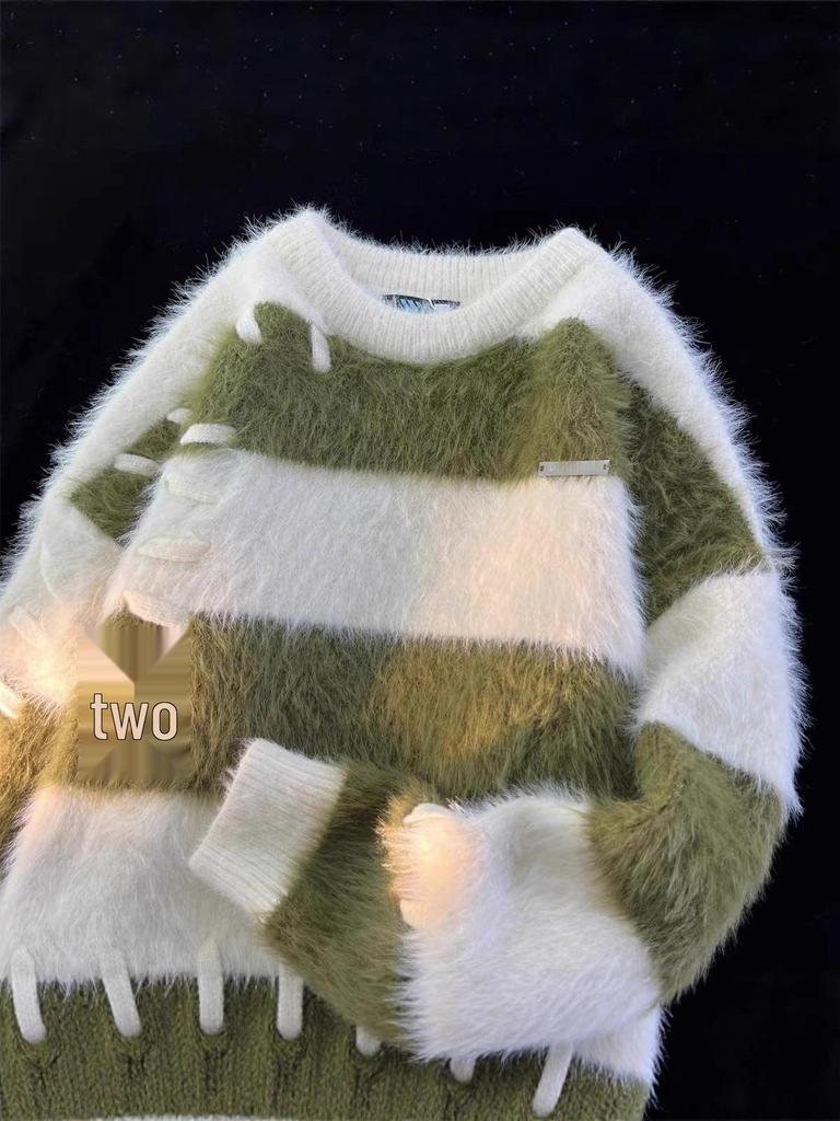 Men's Korean Style Striped Mink Velvet Sweater - Autumn/Winter Fluffy Loose Fit