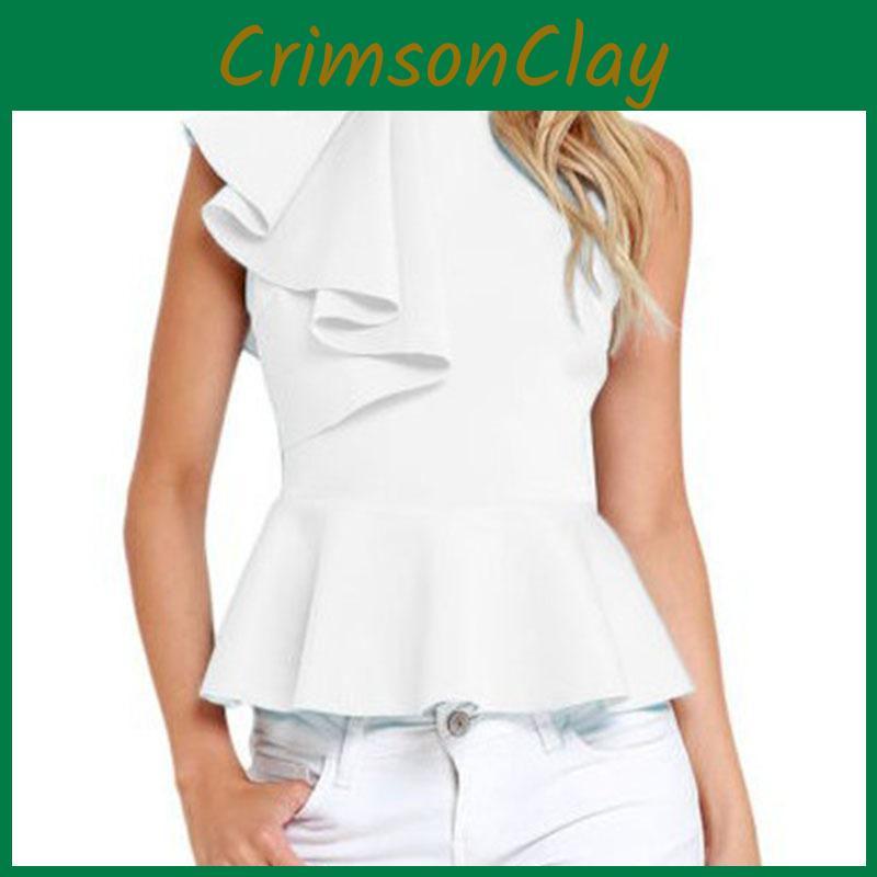 Premium Quality Women's Fashion Summer Round Neck Irregular Ruffled Slim Sleeveless Solid Top
