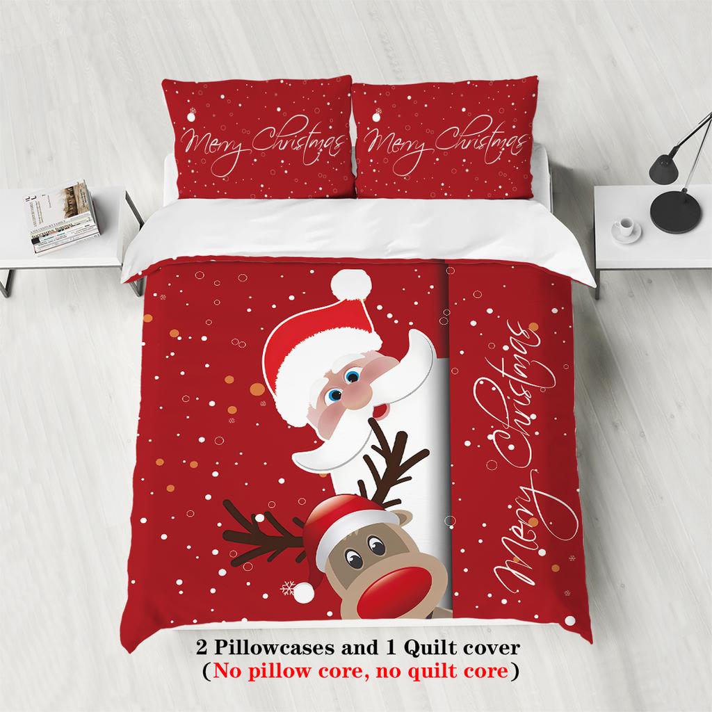 3-piece Christmas themed Santa Claus print (1 duvet cover+2 pillowcases, no core) soft and comfortable bedding set