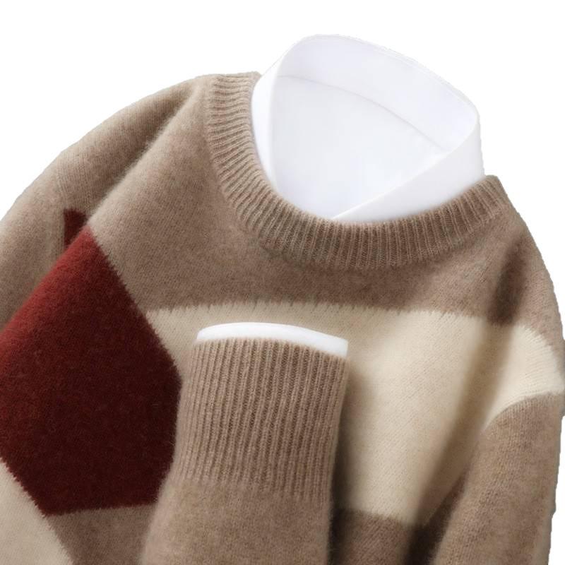 Men's 100% Pure Wool Color Block Cashmere Sweater - Round Neck, Autumn/Winter, Loose Casual/Business Wear