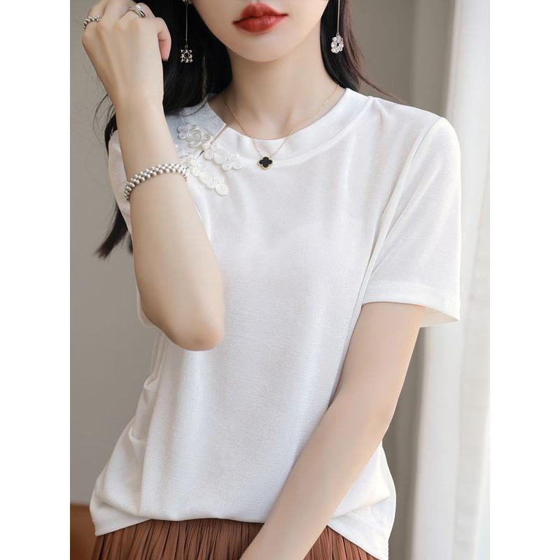 Chinese Style Modified Round Neck Thin Sweater Short-sleeved Women's National Trend Tandem Ice Silk Slit Top Fashionable Versatile T-shirt