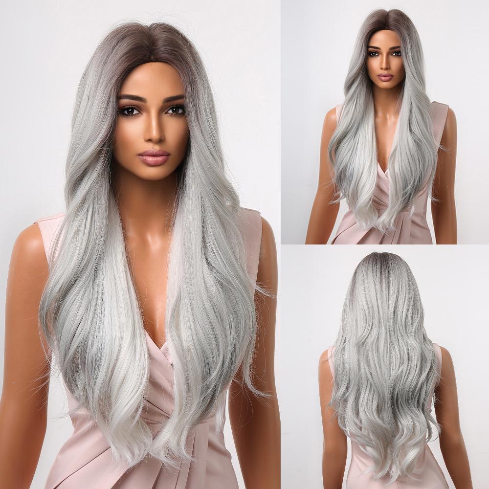 Ombre Brown Long Wavy Synthetic Hair Wig for Black Women Afro Middle Part Heat Resistant Fiber Cosplay Daily Use Hair Wigs