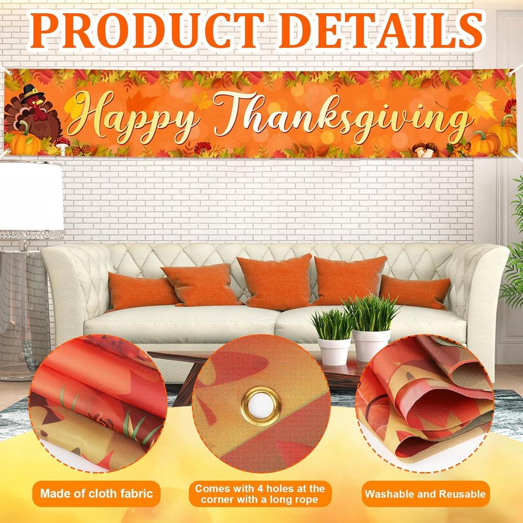 Large Thanksgiving Banner Decorations Outdoor 120x20 Inch,Turkey Maple Leaf Pumpkin Decorations Happy Thanksgiving Yard Banner for Indoor Home House