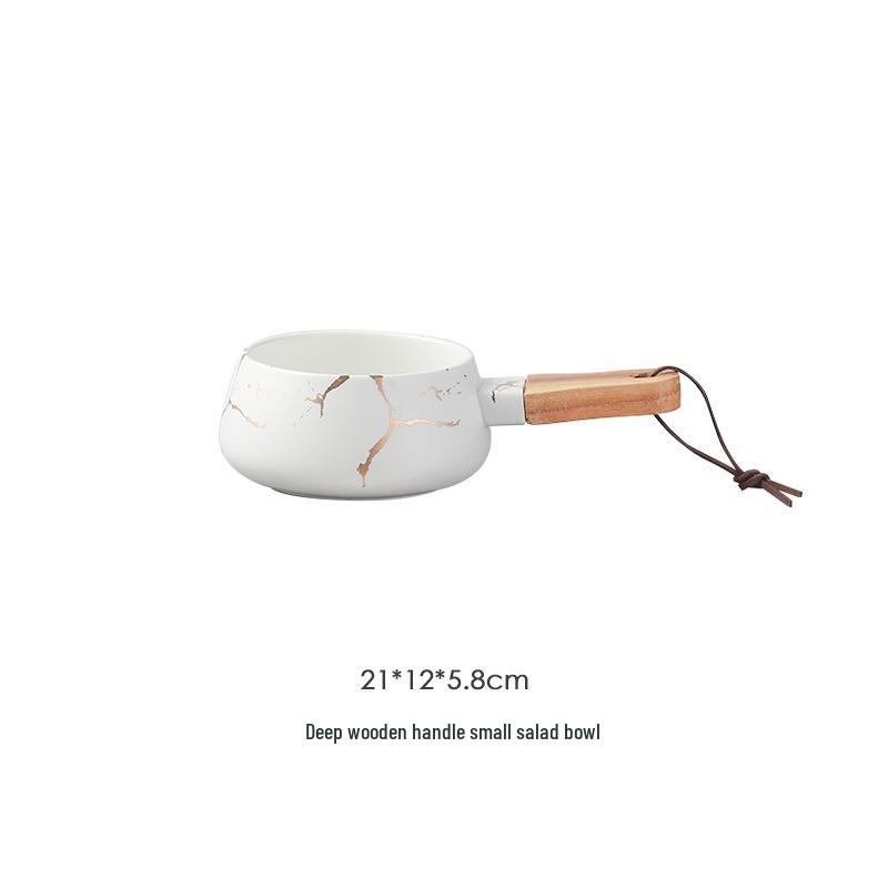 Nordische Minimalistische Keramikschüssel mit Marmormuster und Holzgriff