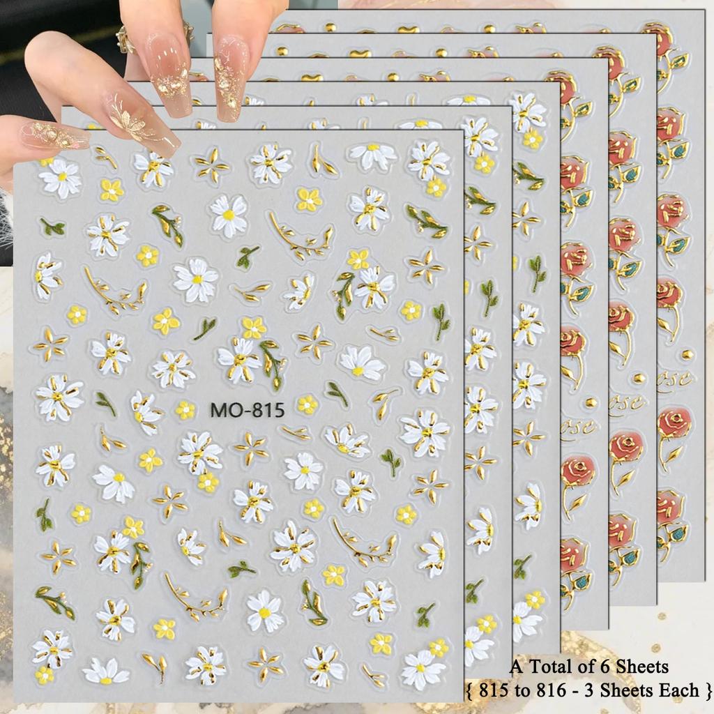 3 To 15 Sheets 5D Embossed Gold Outline Flower Nail Stickers Rose Daisy Spring Blossom Self-Adhesive Floral Decals