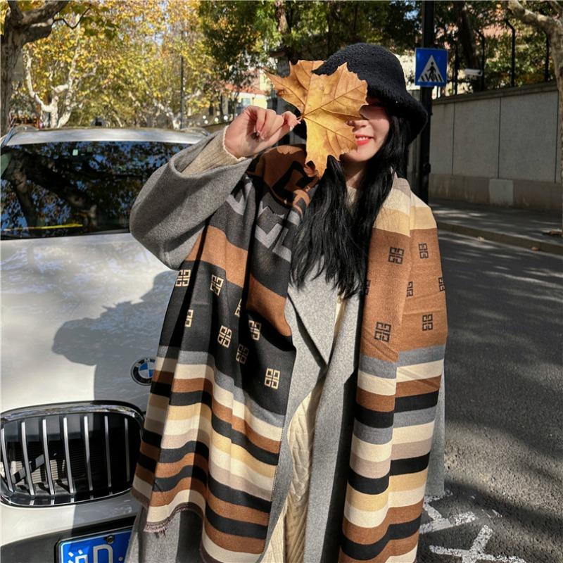 Autumn and Winter Colored Striped Imitation Cashmere Scarf Women's Student Couple Versatile Thickened Warm Double-sided Scarf
