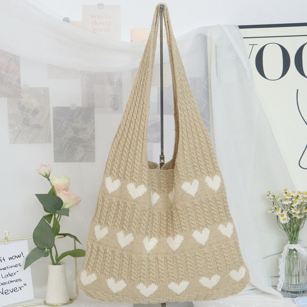 Casual Style Heart-Shaped Crocheted Tote Bag Crocheted Bohemian-Style Beach Tote Aesthetic Desige Knitted Vacation Bag Beach Use хаки