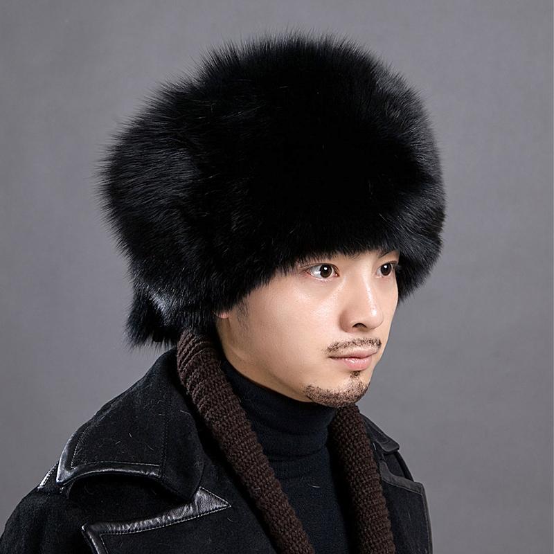 Fox Fur Hat Men's Winter Fur Mongolian Cap 100% Genuine Fox Fur Bomber Hats Warm Ear-protecting Ski Hat