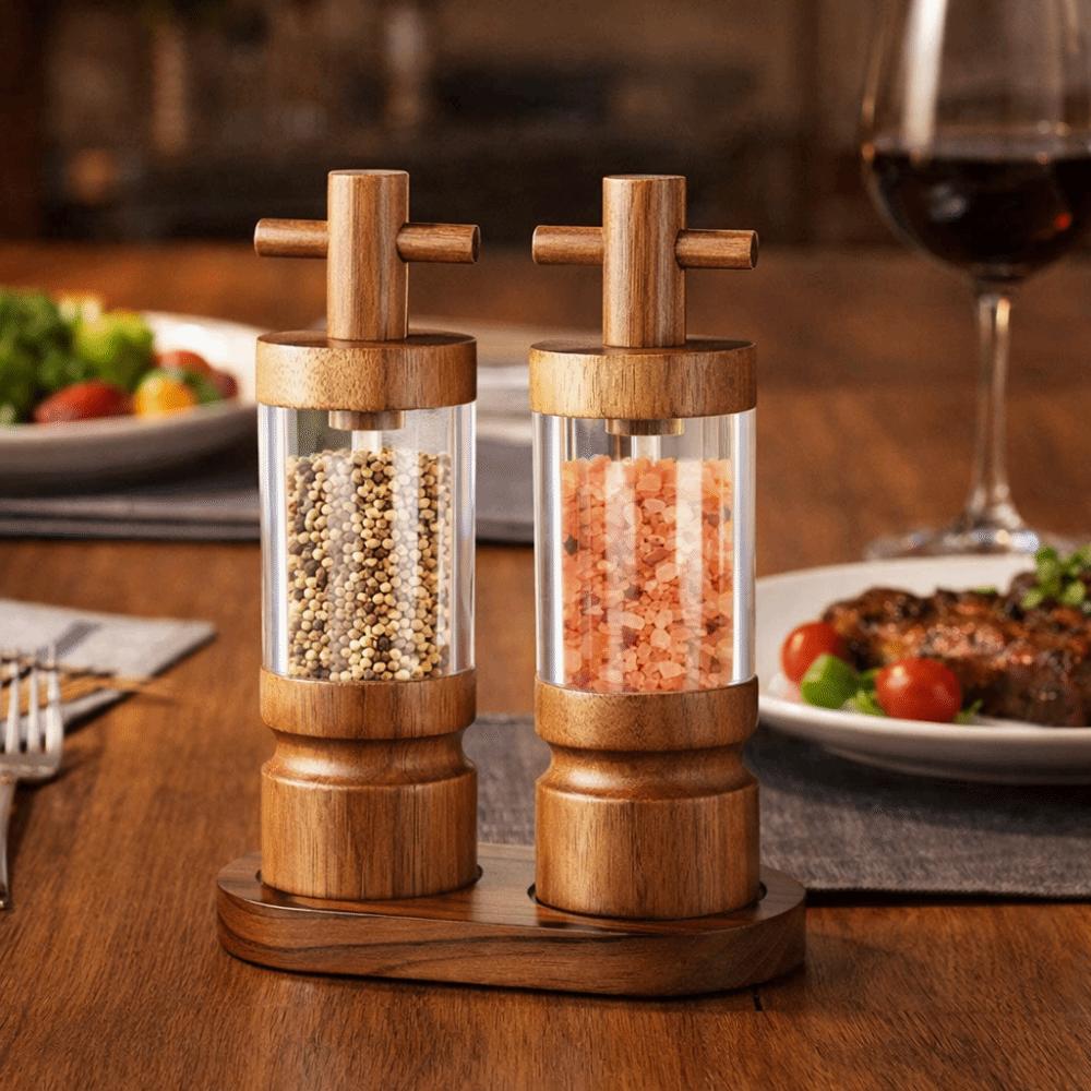 Manual Acacia Wood Pepper Grinder Cross-head Refillable Pepper Mill Acrylic Body Ceramic Grinding Core