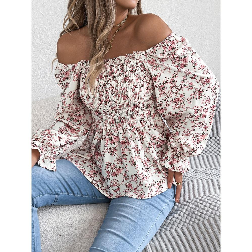 Women Spring Summer Chiffon Blouse and Shirts Long Sleeve Sequre Collar Floral Printing Shirt Tops blusas