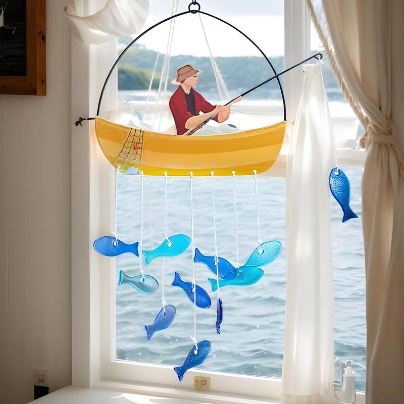 Fish Wind Chimes for Outside, Blue Sea Glass Wind Chimes Garden Decor, Windchimes Outdoors Suncatcher Gift For Home Decoration