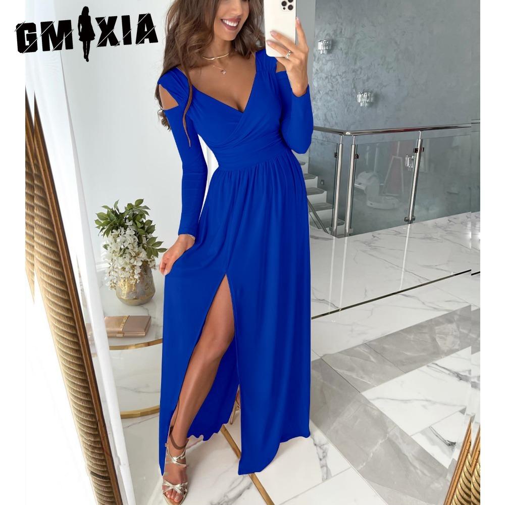 

GMXIA Макси-платье Однотонное Большой Подол Женское Элегантное Неровная Талия Для Путешествий XL синий