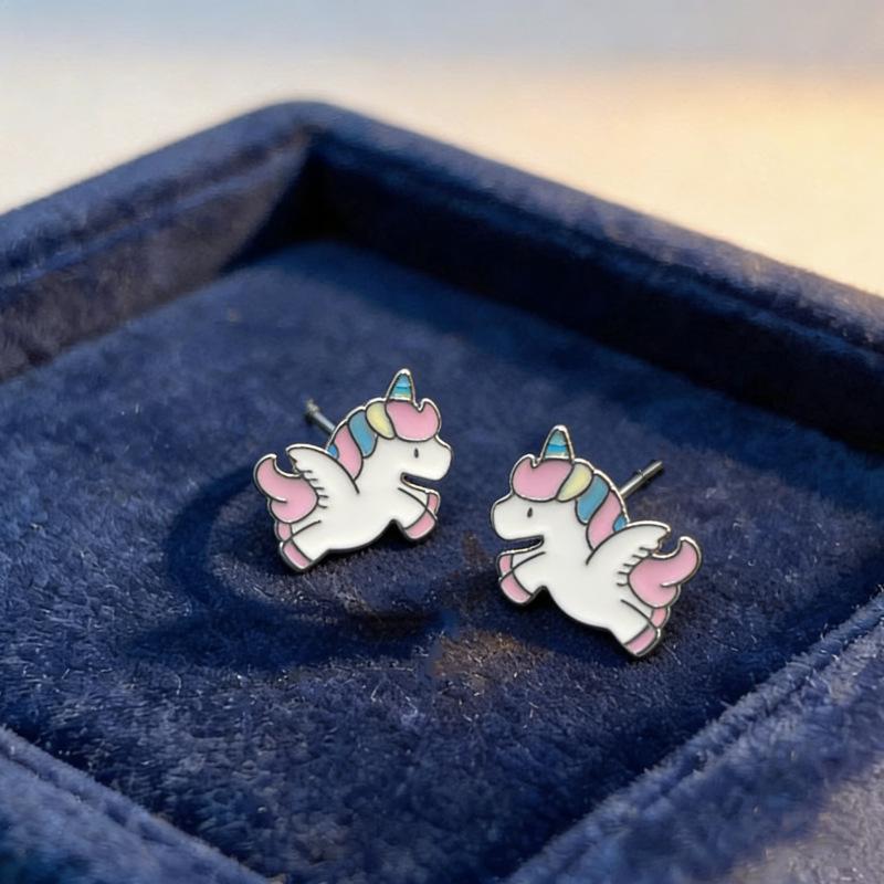 Beixi S999 Silver Needle Unicorn Stud Earrings - Cute Rainbow Pony Design for Girls and Students