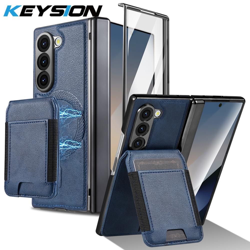 KEYSION PU Leather Phone Case for Samsung Galaxy Z Fold 7 6 5 4 3 Shockproof Cover With Magnetic Card Holder Bag Hinge Screen Protector