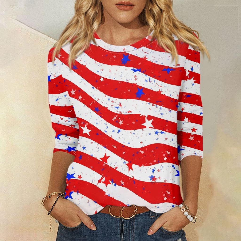 Damenmode, lässig, Rundhalsausschnitt, 3/4-Ärmel, lockeres bedrucktes T-Shirt, Damen-Top