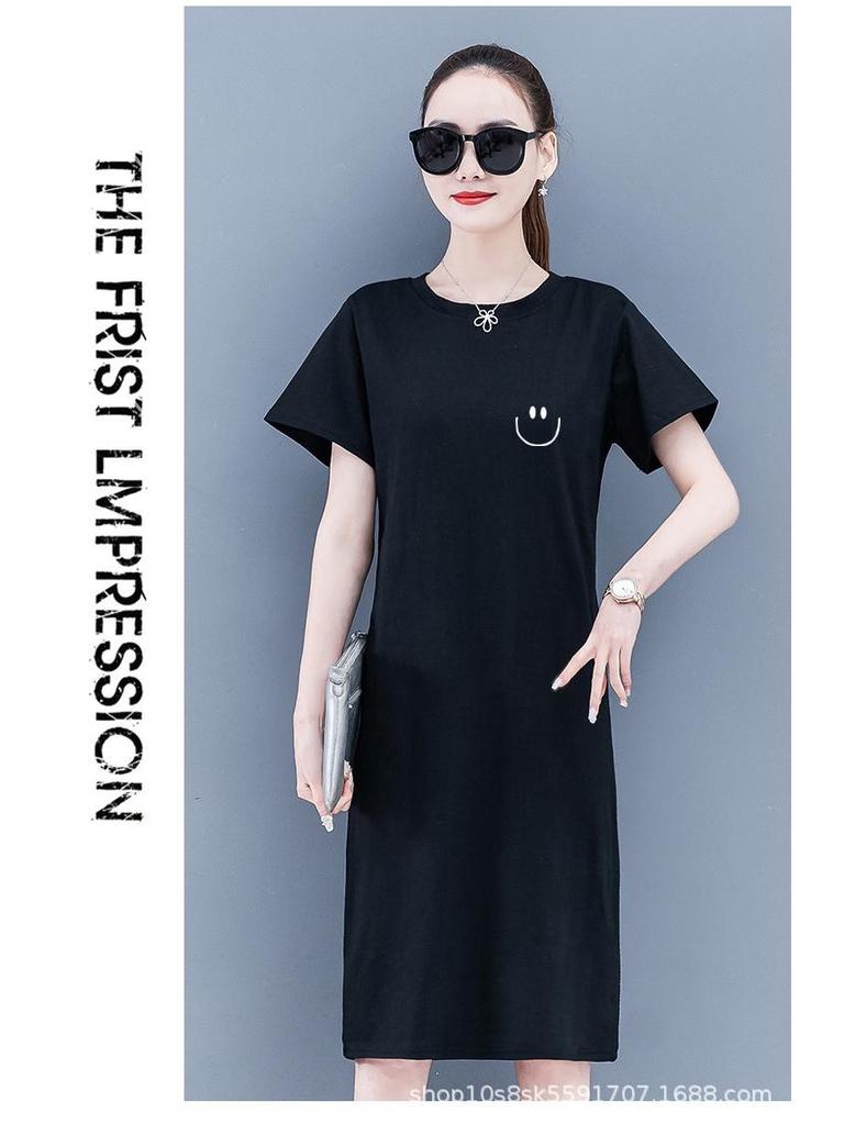 Korean-Style Plus Size Printed Casual T-Shirt Dress for Women - Mid-Length, Slimming, Loose Fit, Summer Wear