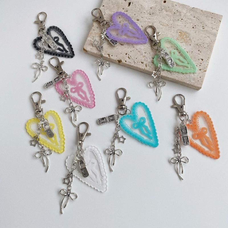 Cute Heart Shaped Keychain With Lace And Bowknot Design Perfect For Keys Bags And Accessories In Multiple Colors