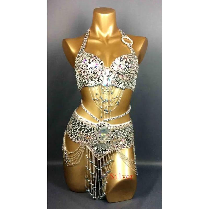 Hot Selling Women Beaded Sequins Belly Dancing Suite Belt+Bra Samba Costumes Club USA Bra Size 34B,36B,38B,40B,34D,36D,38D,40D