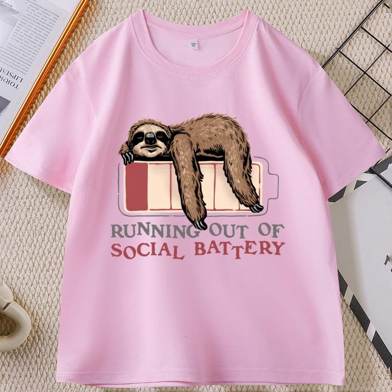 Running Out of Social Battery Sloth T Shirt Unisex Women Funny Graphic T Shirts Casual Round Neck Printed Short Sleeve Male