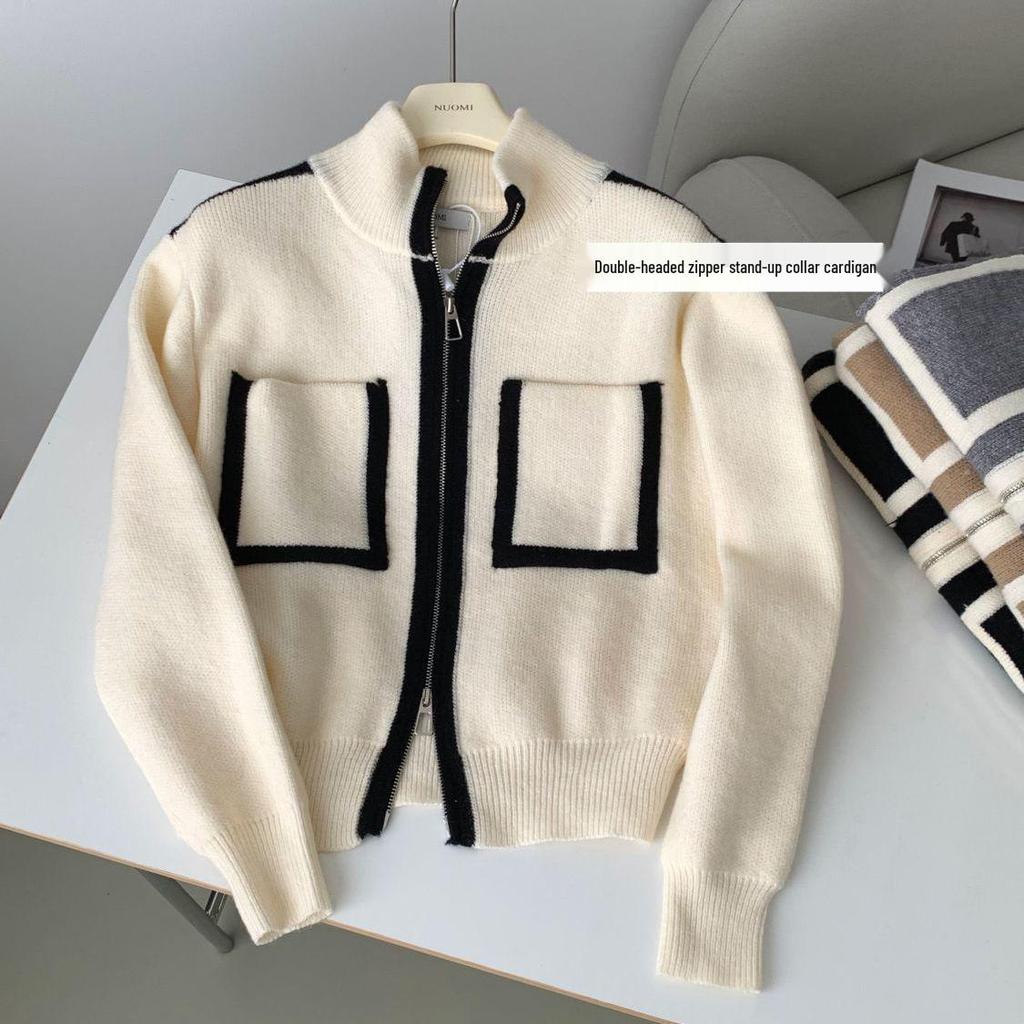Women's Slim Fit Color Block Knitted Sweater with Stand Collar and Double-Head Zipper