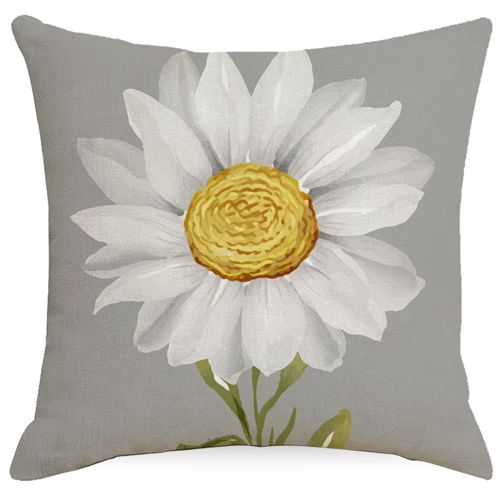 Spring and Summer Daisy Flowers Printed Linen Pillowcase Simple Gray Home Living Room Bedroom Decoration Pillowcase