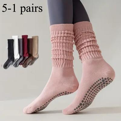 5-1 Pairs of Professional Anti Slip Yoga Socks with Extended and Thickened Sweat Absorbing Stockings for Fitness, Pilates, and Outdoor Activities