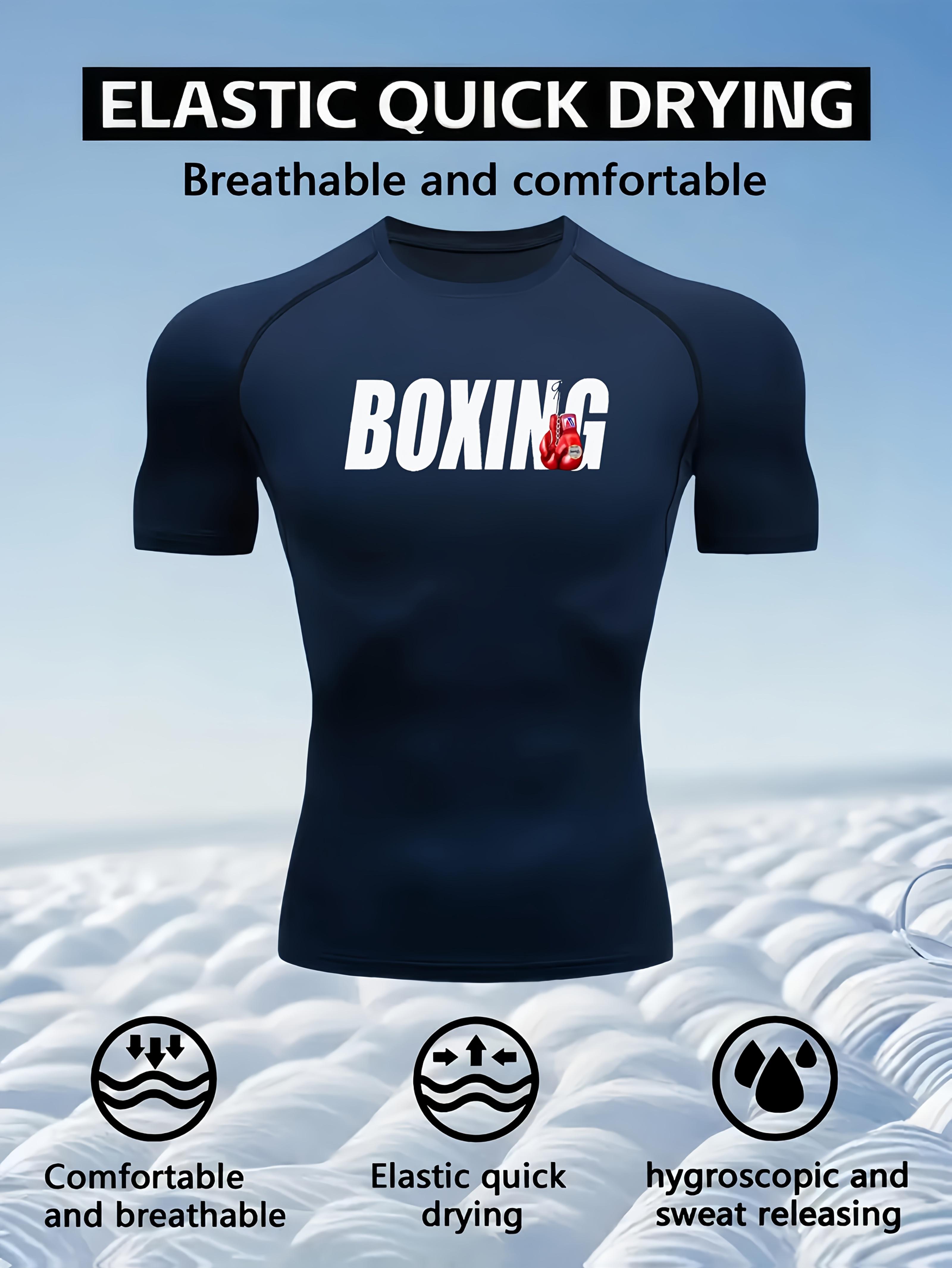 Men s White BOXING Print Compression T-Shirt, Elastic Quick Drying Breathable Moisture Wicking Gym Workout & Boxing Training Top S тёмно-синий